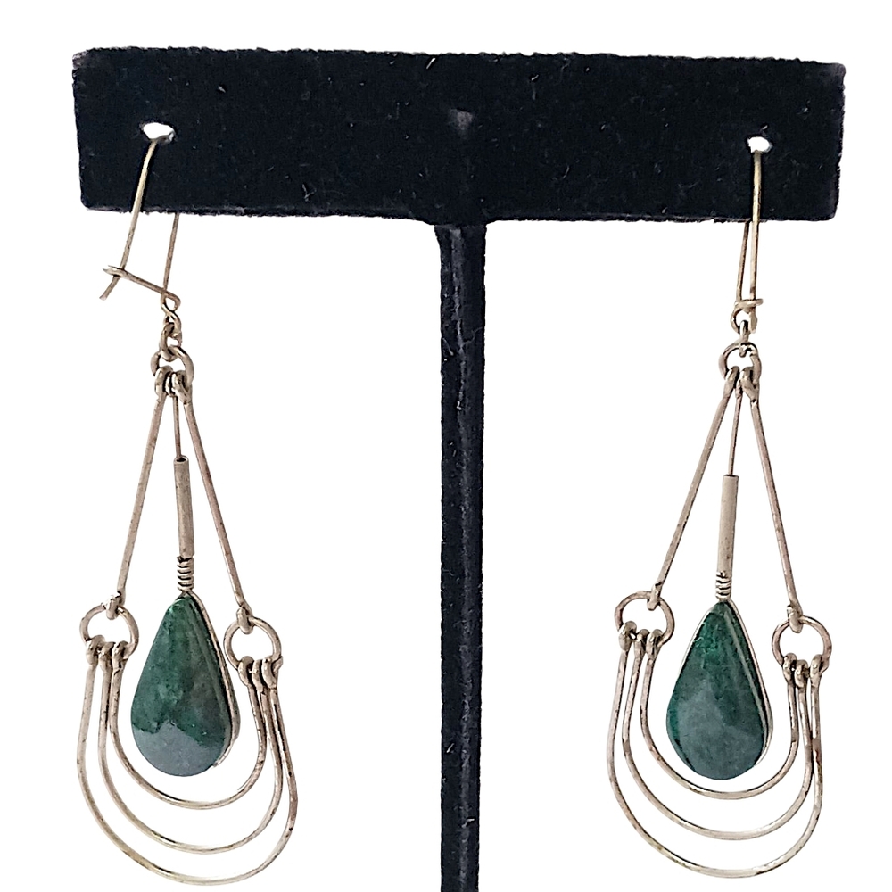 Malachite Green Stone Wire Design Earrings Teardrop Dangle Dainty Bohemian Gypsy - Picture 6 of 16